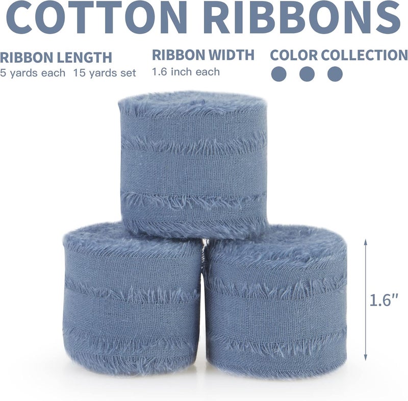 Keypan Dusty Blue Ribbon 1-1/2 x 15 Yards Handmade Cotton Frayed Fringe Fabric Ribbons for Crafts Flower Bouquets Wedding Baby Shower Home DIY Decor - Image 2
